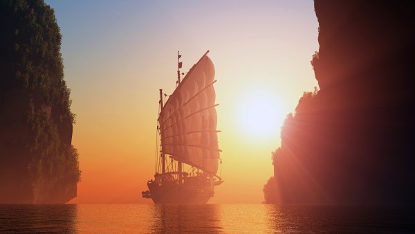 Рассвет море корабль