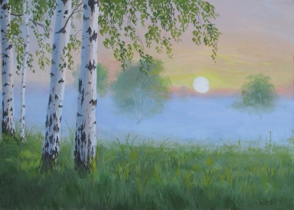 Природа с березами и речкой