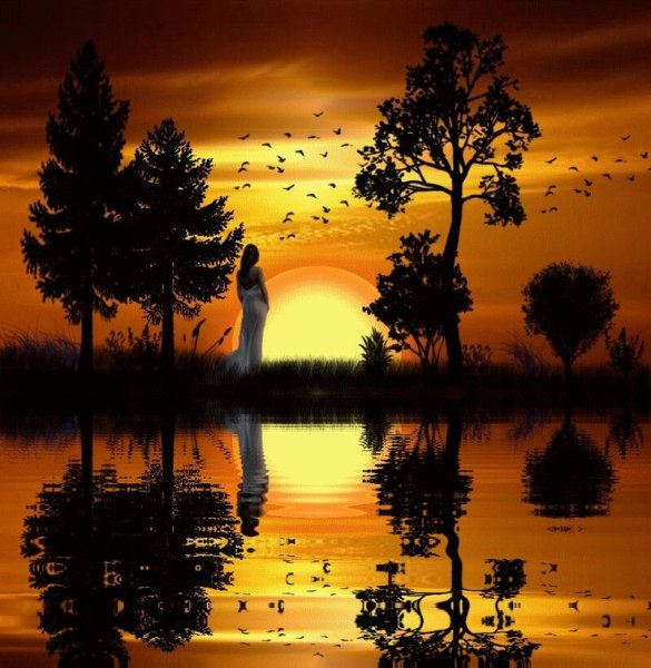 Пейзаж с закатом солнца