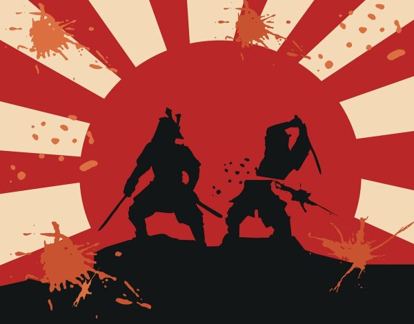 Самурай на фоне красного солнца