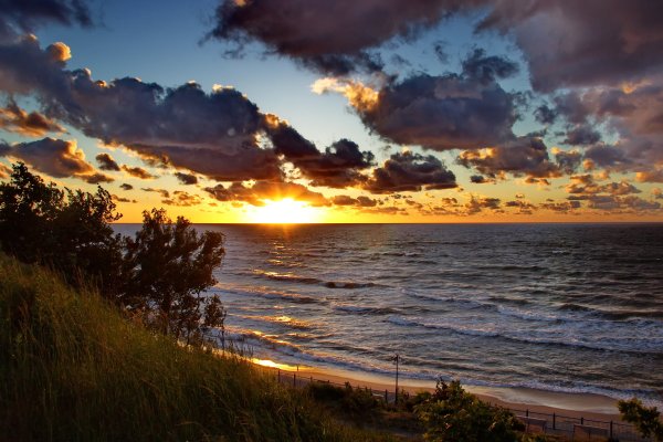 Красный закат в лесу