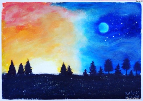 Ночной пейзаж гуашью