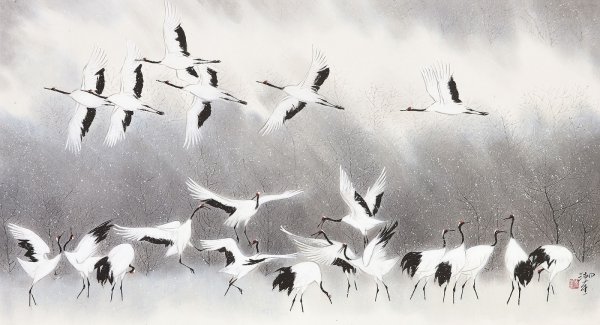 Белое небо с птицей живопись