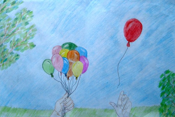 Красный шарик в синем небе рисунок