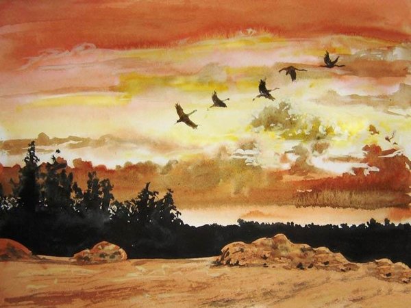 Аистов в гнезде акварель