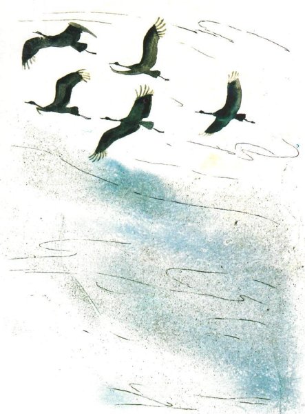 Клин птиц в небе рисунок