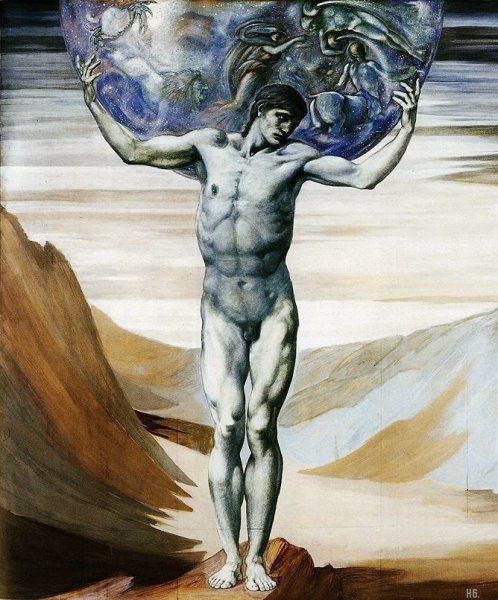 Мужчина держит планету на плечах