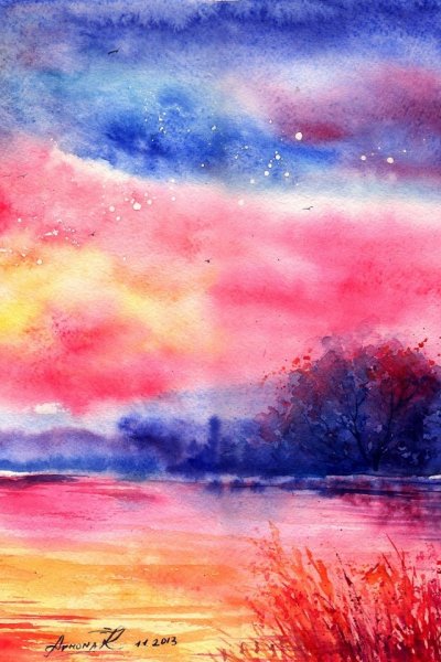 Пейзаж акварелью яркий