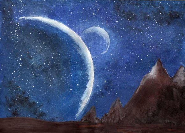 Ночной пейзаж акварелью