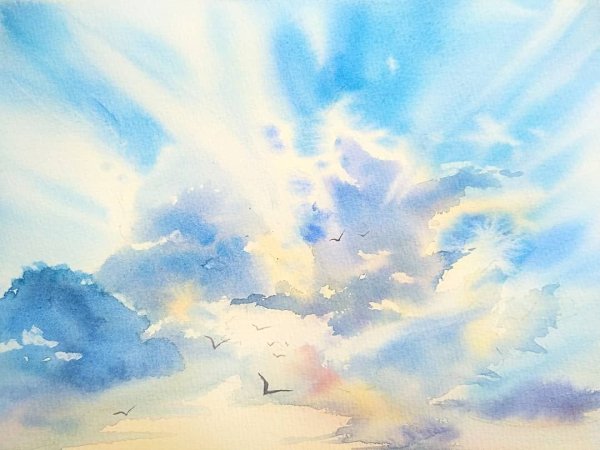 Солнечное небо акварелью