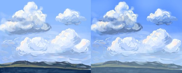 Воздушные облака гуашью