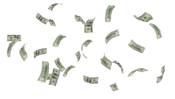 Летающие деньги на белом фоне