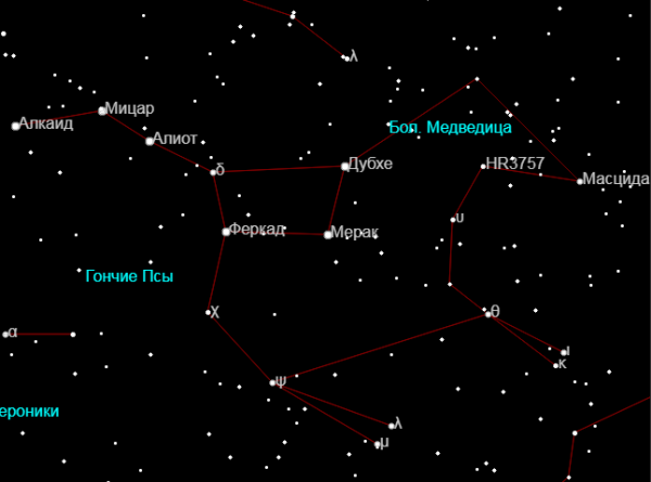Созвездия на небе рядом с большой медведицей