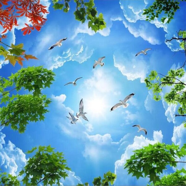 Натяжной потолок небо с голубями