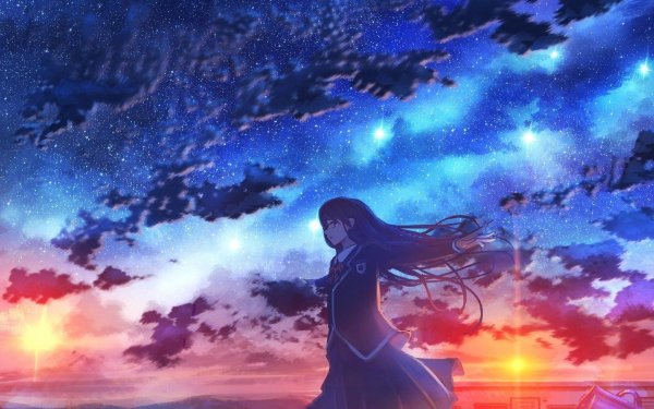 Аниме девушка на закате