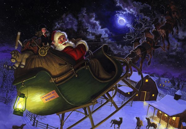 Дед Мороз летит по небу на лошадях