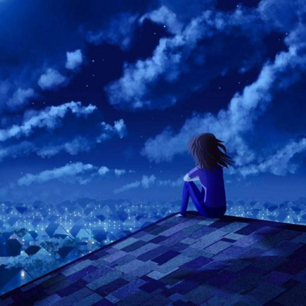 Девочка сидит на крыше ночью