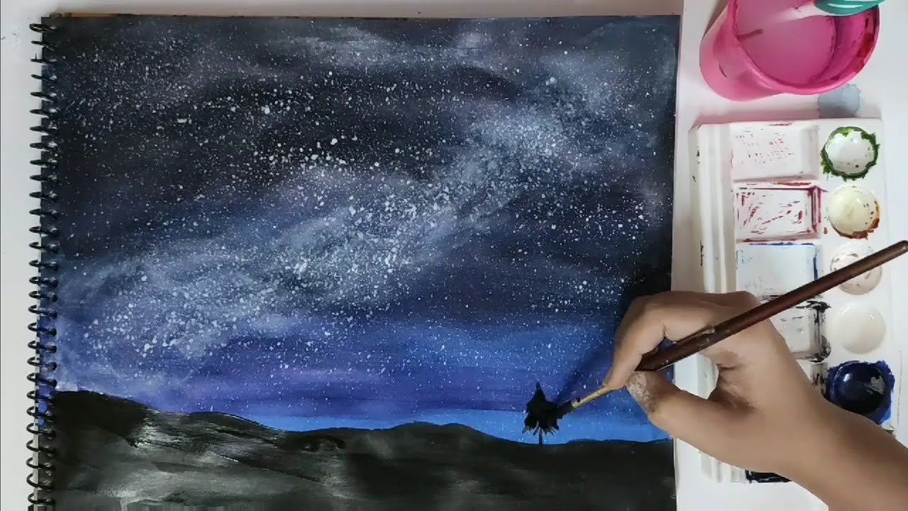 Художник рисует звездное небо подчеркни в предложении. Звездное небо гуашью. Ночное небо гуашью. Космос рисунок акварелью. Звездное небо красками для детей.