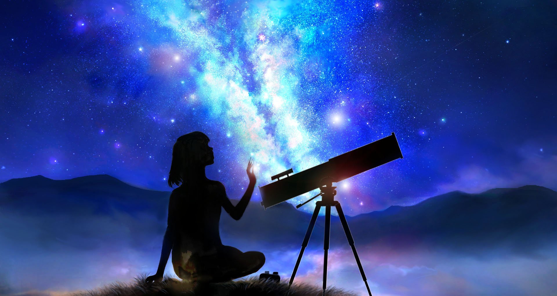 Музыка смотря на звезды. Девушка с телескопом. Звездное небо телескоп. Наблюдение звездного неба. Звездное небо и человек.