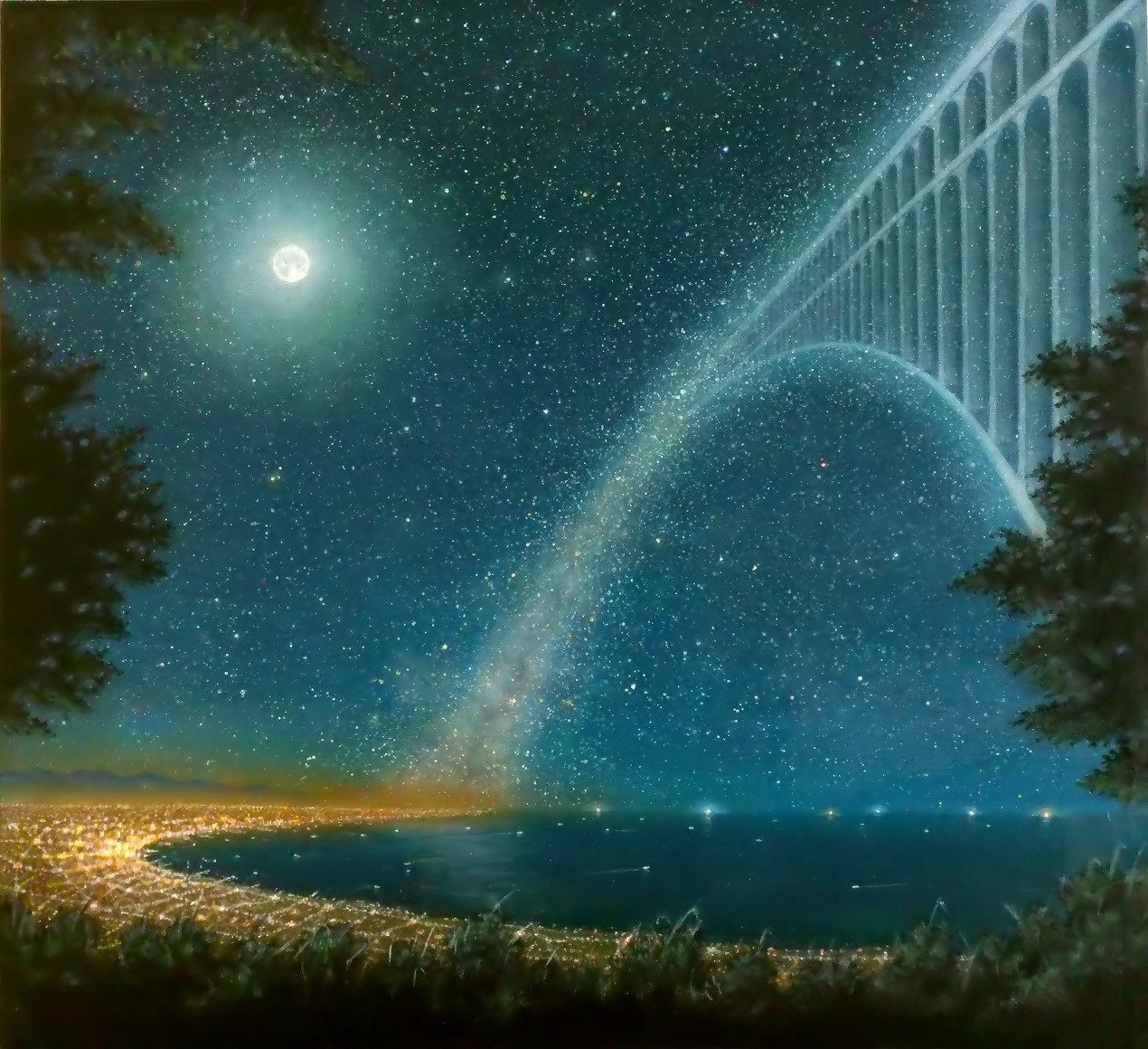 Первый путь к звездам. Звездный мост Млечный путь. Сказочный мост. Космический мост. Сказочное звездное небо.