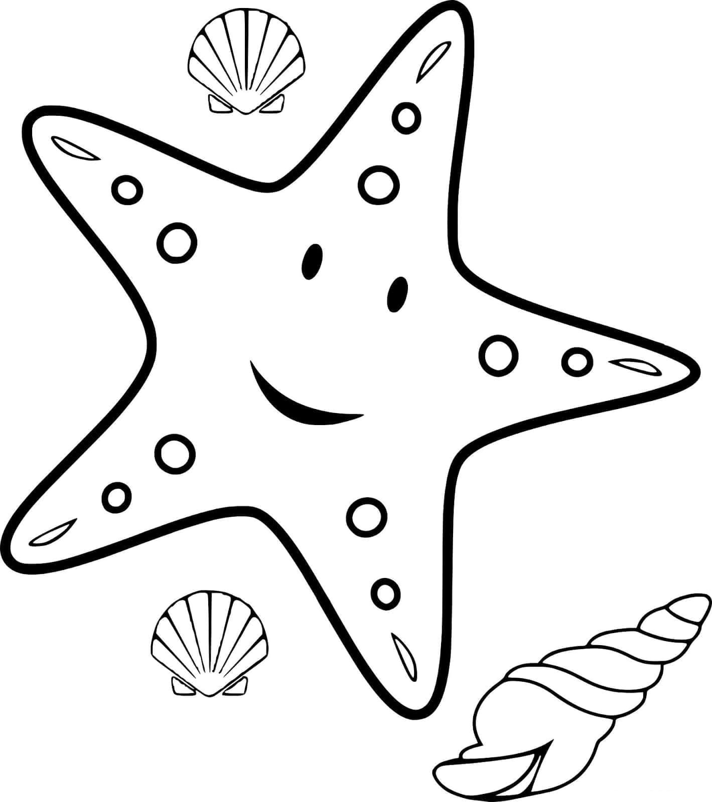 Раскраска милая русалка смотрит на морскую звезду - стоковый клипарт