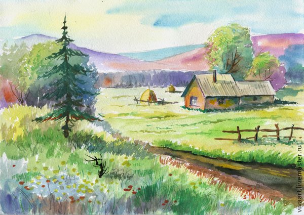 Летний пейзаж цветными карандашами