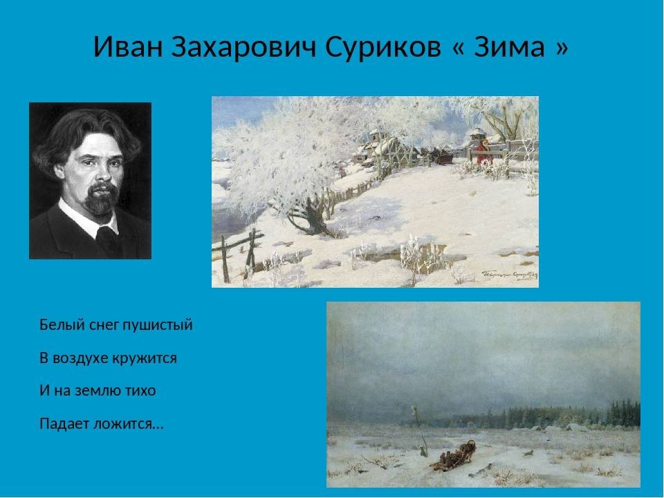 Какие стихотворения написал суриков. Суриков поэт зима. Стихотворение Ивана Сурикова зима.