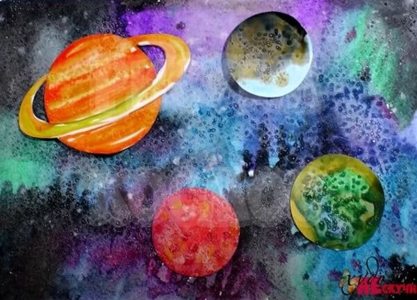 Рисование акварелью и солью космос