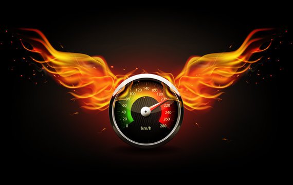 Спидометр в огне на белом фоне