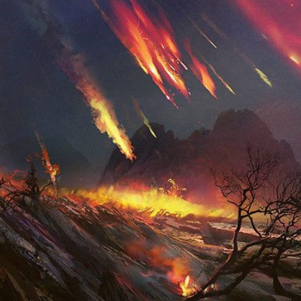 Дерево конца света. Огненный метеоритный дождь. Огненный дождь. Огненное небо. Небо в огне.