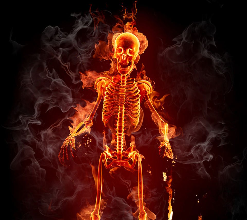 Кости сгорают. Огненный скелет. Горящий скелет. Скелет в огне. Скелет горит.