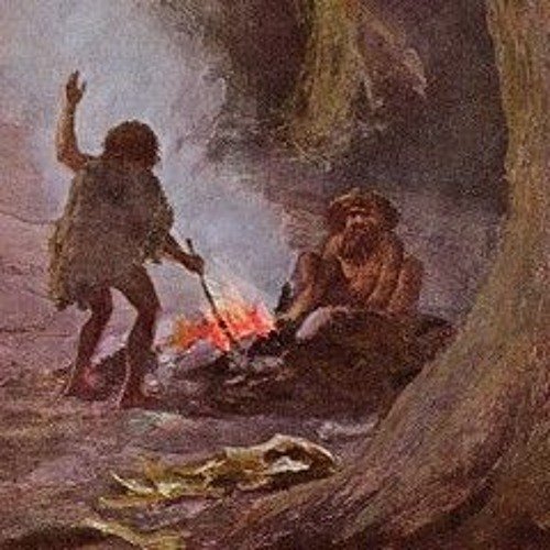 Древние люди у костра в пещере