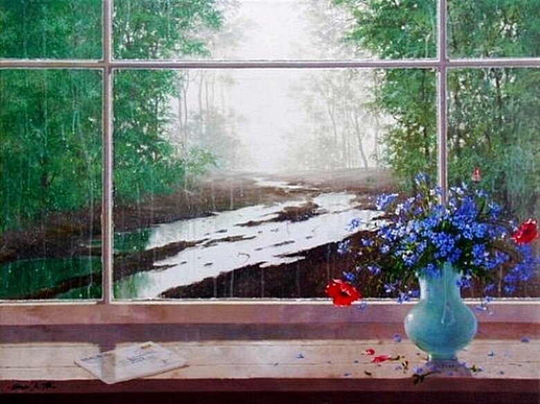 В стекла окон стучал. Герасимов теплый дождь картина. Пейзаж в окне.