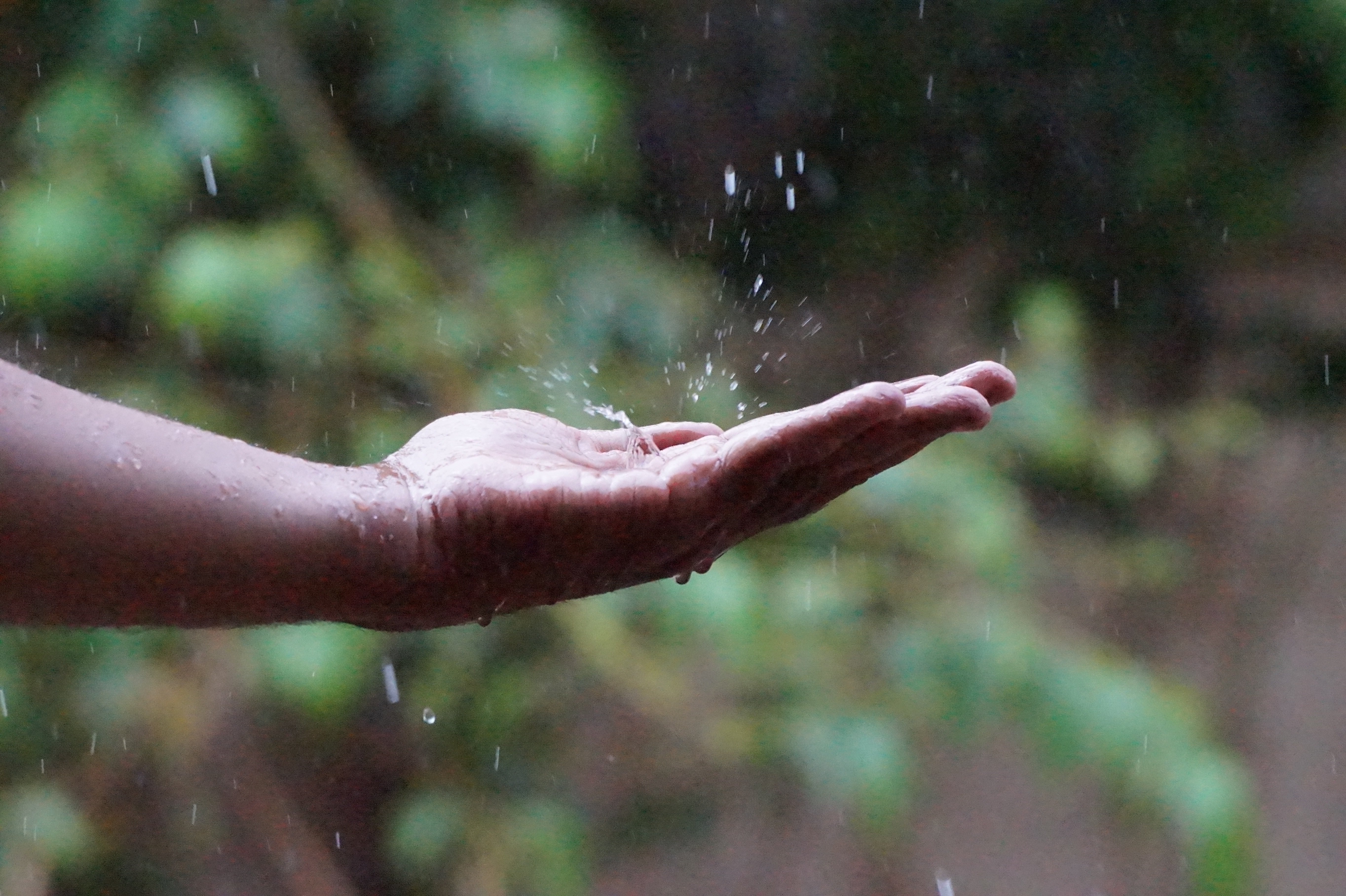 Падение дождевой капли. Капля дождя в руке. Дождь на ладони. Капли дождя на руке. Капля воды в ладонях.