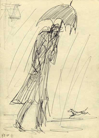 Человек под дождем карандашом