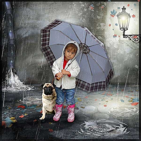 Девочка под зонтом с собакой
