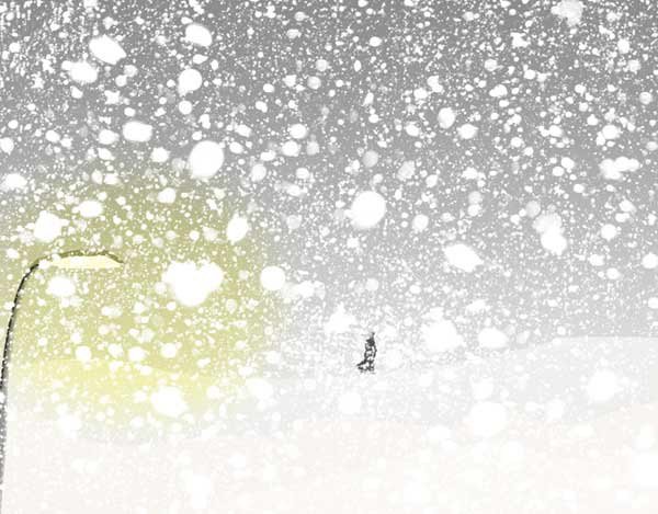 Снег падает хлопьями