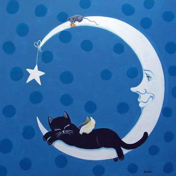 Силуэт кошки в ошейнике, которая сидит на ветке на фоне луны — Рисунки на аву