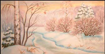 Зимний пейзаж детский рисунок цветными карандашами