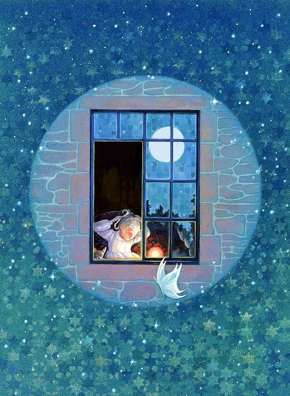 Домик на луне. Художник-иллюстратор Arlene Graston. Луна в окне. Уютные иллюстрации. Окно иллюстрация.