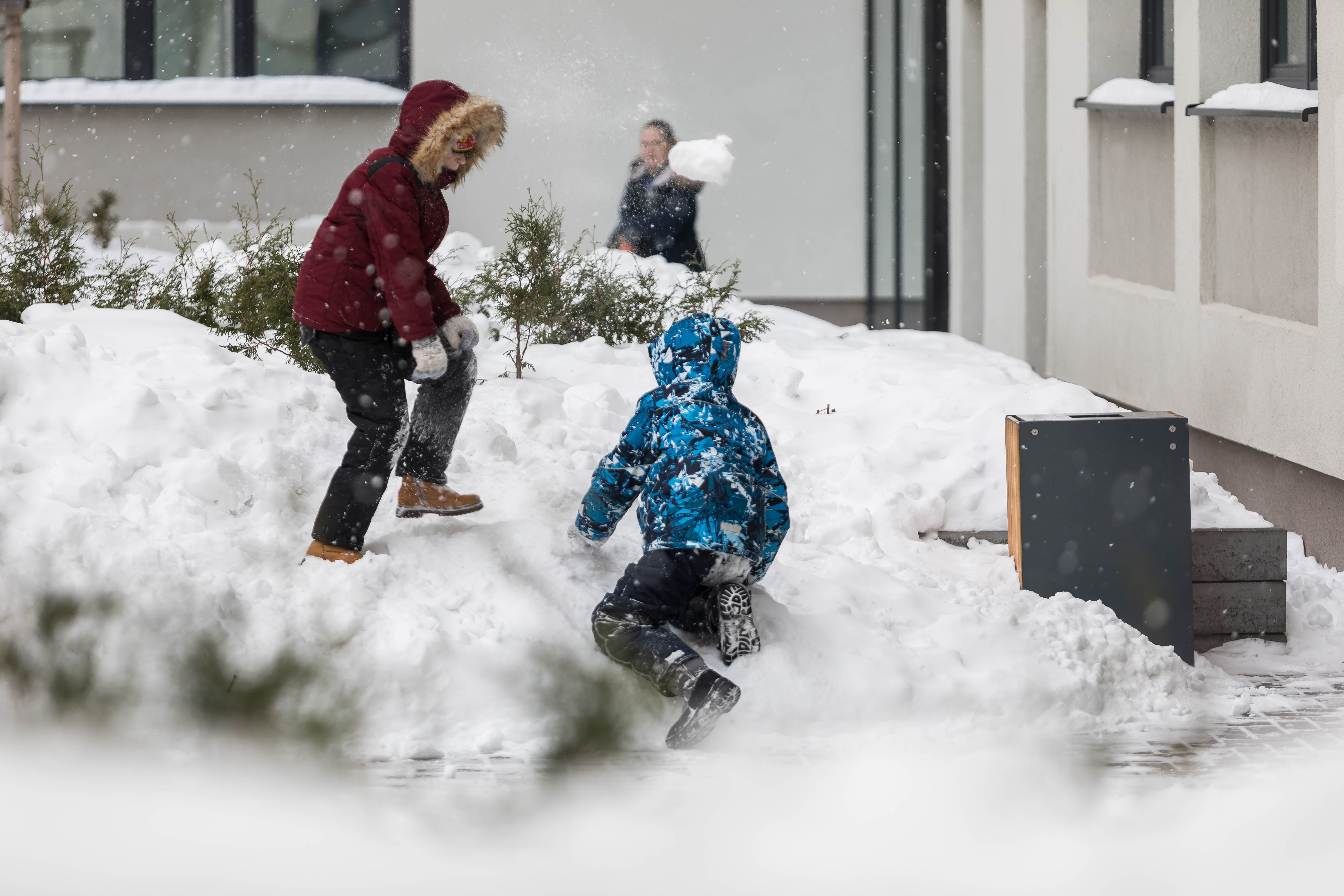 Играем со снегом. Зимние игры во дворе. Игра в снежки. Дети во дворе зимой. Прогулка во дворе.