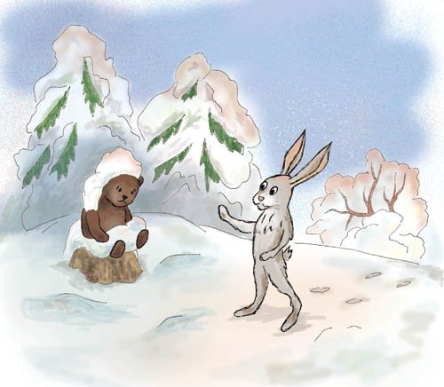 Зайчик в зимнем лесу рисование