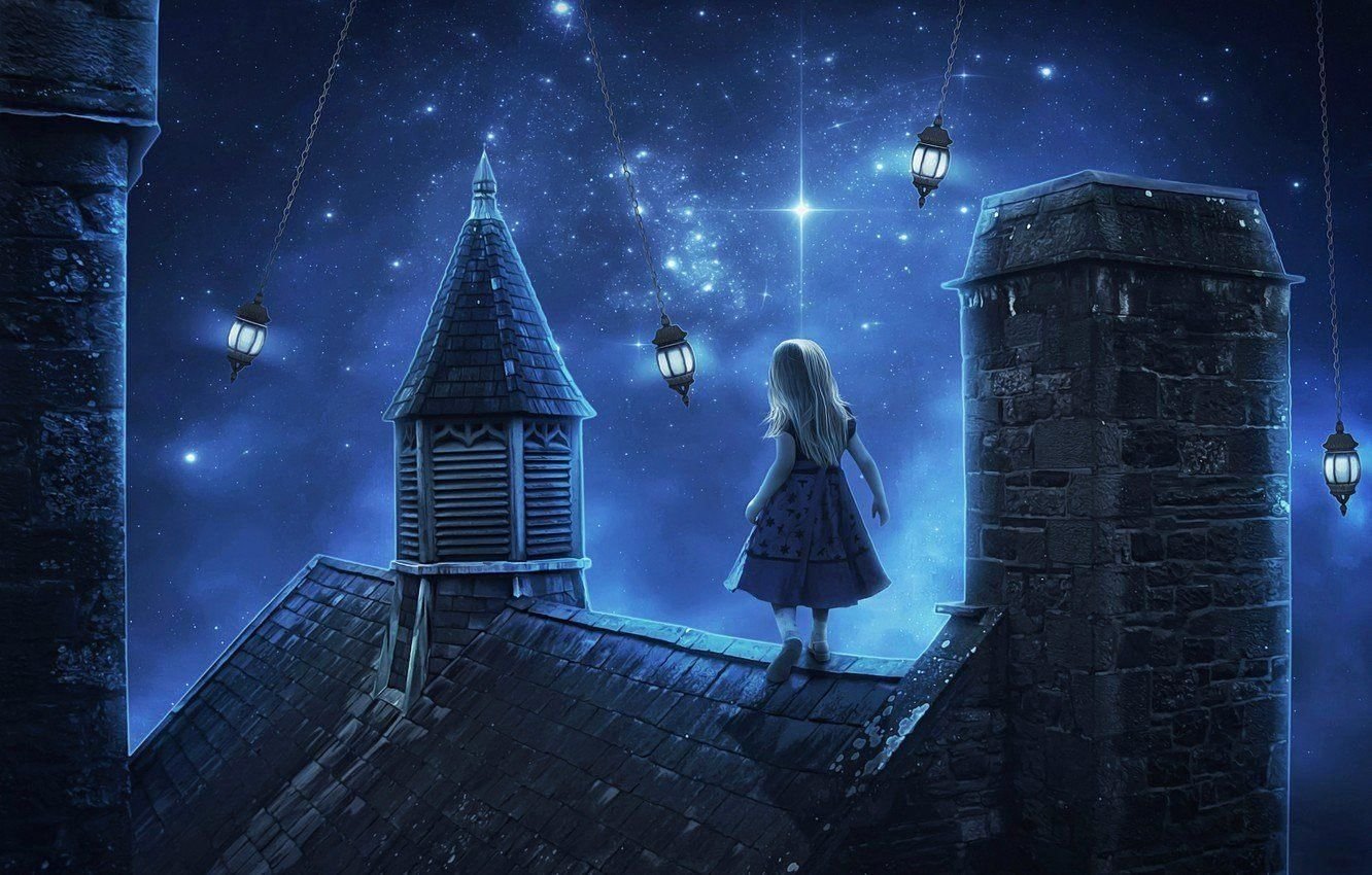Дом на луне картинки. Ночь фэнтези. Сказочная ночь. Девочка и звезды. Волшебство ночи.