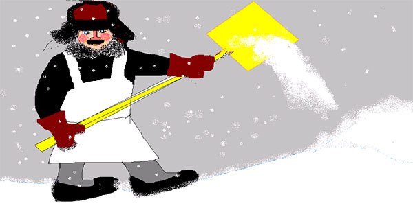 Дворник с лопатой зимой