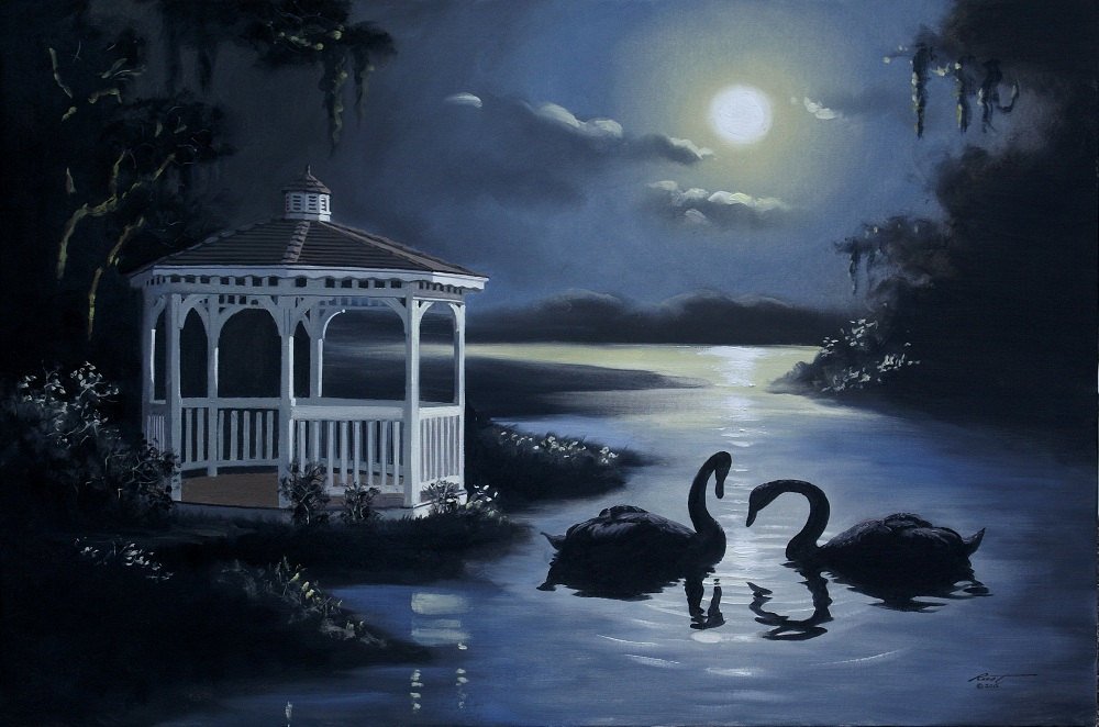 Луна лебединая. Лебедь ночью. Лебеди живопись. Лебеди на озере ночью. Луна и лебеди.