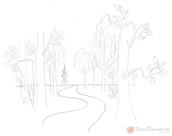 Рисунок осеннего леса карандашом
