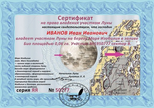 Сертификат на участок на Луне