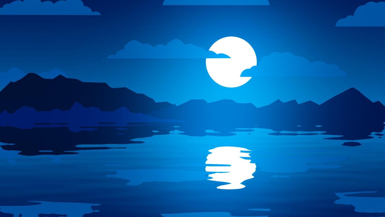 Луна распласталась на тихой воде. Векторный пейзаж. Ночь рисунок. Ночные векторные пейзажи. Отражение Луны в воде.