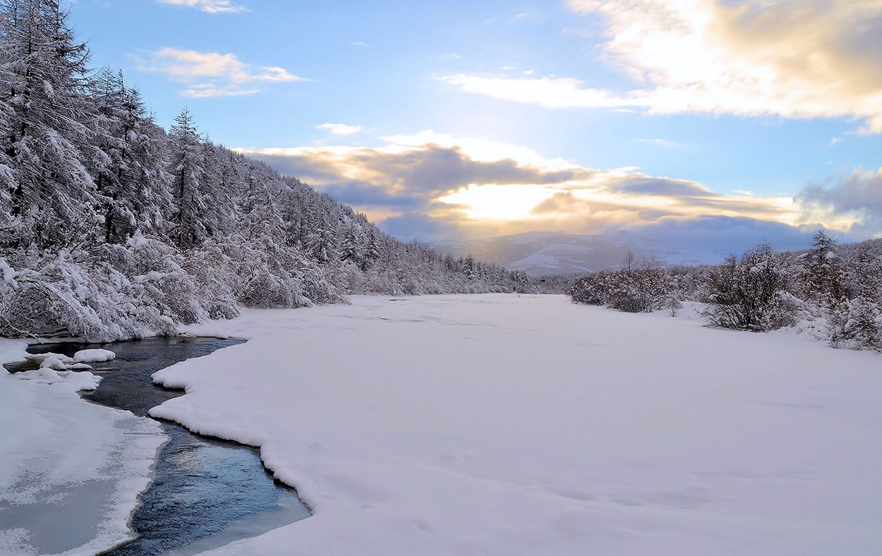 Сильный утренний мороз сковал ручьи. Зимняя река подо льдом. Река скованная льдом. Река зимой. Река под снегом.