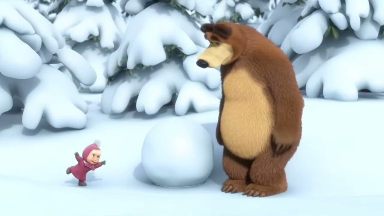 Снег приходит маша и медведь. Маша и медведь снег. Медведь из мультика зимой.